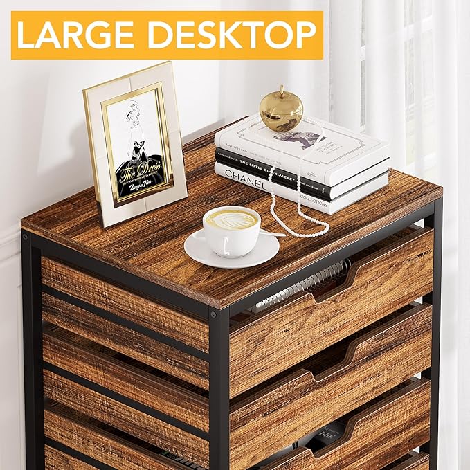 Tribesigns 7 Drawer Chest, Wood Storage Dresser Cabinet with Wheels, Industrial Storage Drawer Organizer Cart for Office Bedroom Entryway (Rustic Brown, 1 PC)