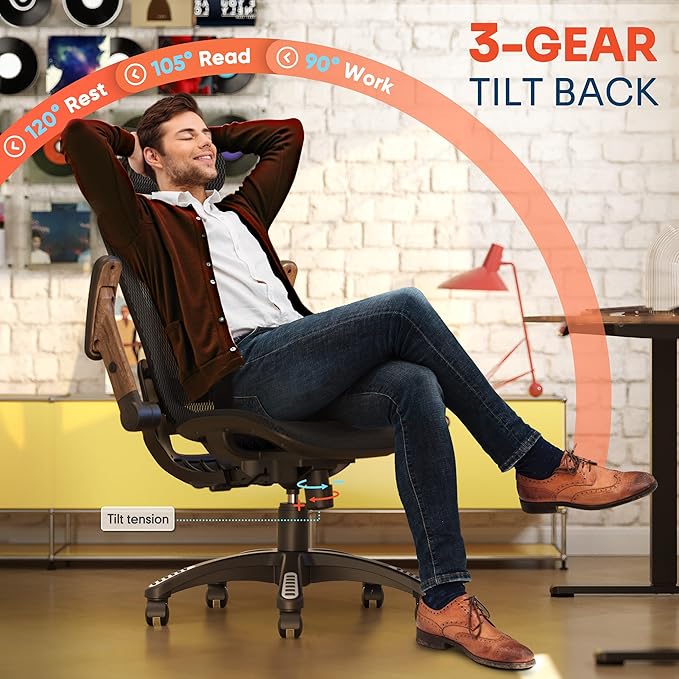 GABRYLLY Ergonomic Office Chair, High Back Home Desk Chair with Headrest, Flip-Up Arms, 90-120° Tilt Lock and Wide Cushion, Big and Tall Mesh Chairs for Man Woman, Black Task Chair(Dark Woodgrain)