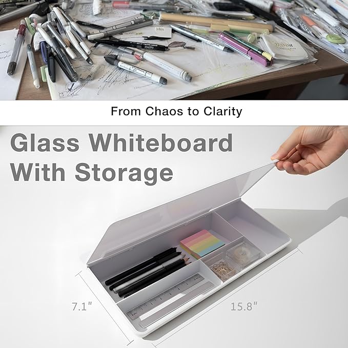 Glass Desktop Whiteboard with Storage Drawer – Premium Dry Erase Board for Desk Notes, Planning & Organization