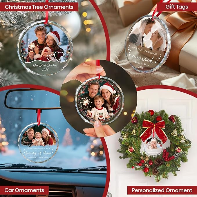 Personalized Family of 3 Christmas Ornament 2025 - Custom Ornament for First Christmas as a Family of 3 - Crystal Photo Ornaments Gifts for New Parents, Newborn, Baby Girl & Boy (3.15”)