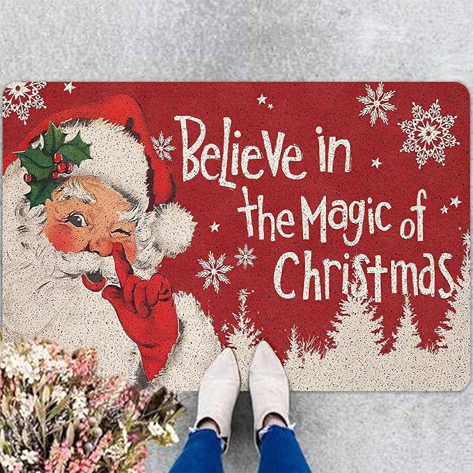 InterestPrint Merry Christmas Doormat Red Christmas Santa Claus Decorative Doormat Indoor Outdoor Entrance Xmas Winter Welcome Door Mat Anti-Slip Rubber for Seasonal Holiday Decortion, 18" x 30"Inch