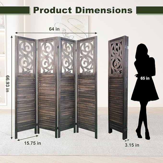 NicBex 4 Panel Room Divider 5.6FT Wood Carved Room Dividers, Folding Privacy Screens Portable Freestanding Partition Wall Dividers for Home Bedroom Office, Rustic Brown