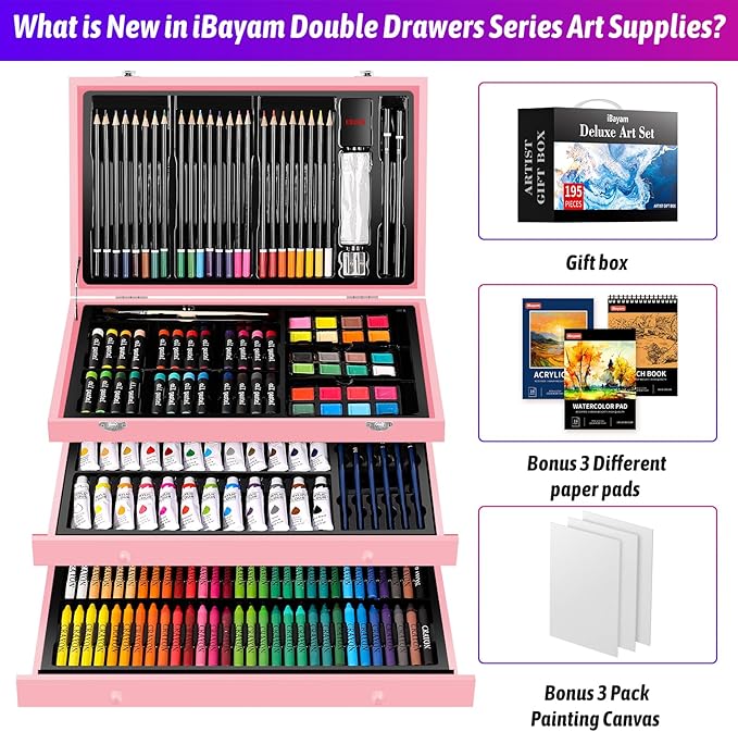 iBayam Gifts for Kids Teens Girls Women, 195-Pack Arts and Crafts Supplies for Adults Kids, Art Kits Paint Set for Acrylic Oil Watercolor Canvas Ceramic Rock Eggs Egg Tempera, Easter Basket Stuffers