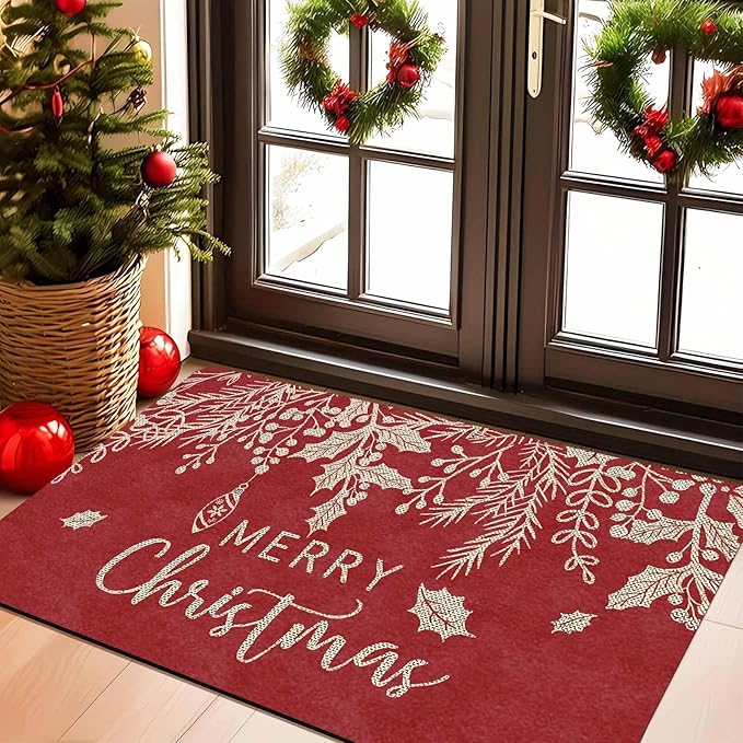Merry Christmas Mistletoe and Holly Door Mat Front Porch Rugs Doormats Welcome Floor Mats Welcome Rug Outdoor Entry Rug for Home Farmhouse Party Decor, 16" x 24" Inch