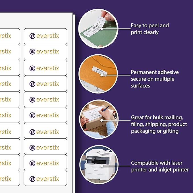 2" x 4", 25 Sheets, 250 Blank Shipping Labels, Printable White Sticker, Shipping Labels for Laser & Inkjet Printers, Letter Size