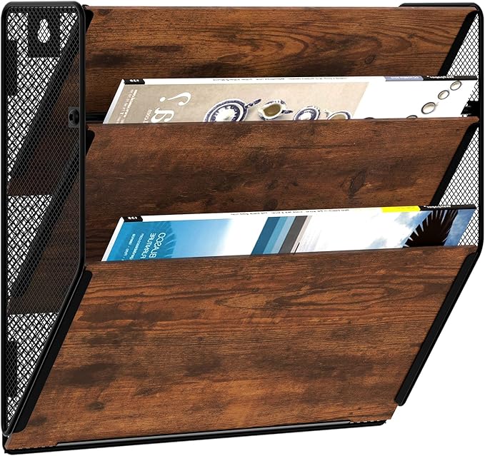 Metal Wall File Holder Organizer, 3-Tier Mesh Hanging Wall File Organizer, Magazine Rack with Pockets, Wood Document Holder for Office Home, Brown