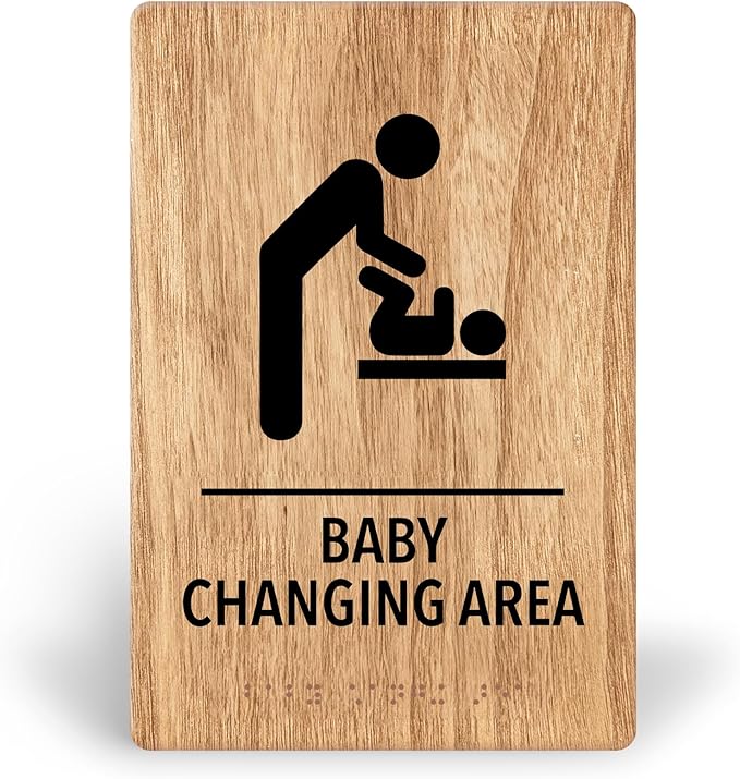 Promot Baby Changing Area Restroom Sign – ADA Braille Bathroom Sign for Business, Self-Adhesive, 9" x 6", Commercial Door Signage, Office Wall Decor - Oak
