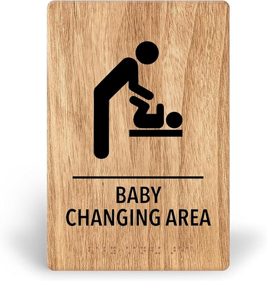 Promot Baby Changing Area Restroom Sign – ADA Braille Bathroom Sign for Business, Self-Adhesive, 9" x 6", Commercial Door Signage, Office Wall Decor - Oak
