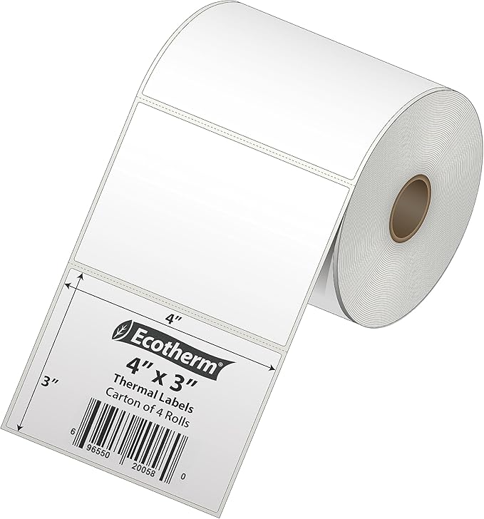 4" x 3" Thermal Labels | 4 Rolls | 2100 Labels | fits Zebra, Munbyn, Rollo, Godex, Arkscan, iDPRT, Offnova Thermal Label Printers and More | Blank White Adhesive Stickers by Ecotherm