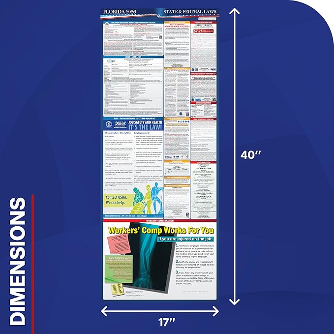 2026 Florida State and Federal Labor Law Poster - English Pack of 2 - OSHA Workplace Compliant - Mandatory Regulations Posting for Employees - Required Compliance Posting 17" x 40" Laminated (English Pack of 2)