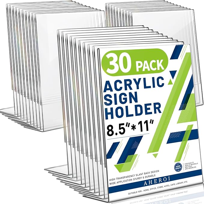 Aheroi Acrylic Sign Holder 8.5 x 11, 30Pcs Plastic Sign Holder 8.5 x 11 Standing, Clear Paper Holders Acrylic Paper Document Holders, Plastic Stands Flyer Display,Office School Table Supplies