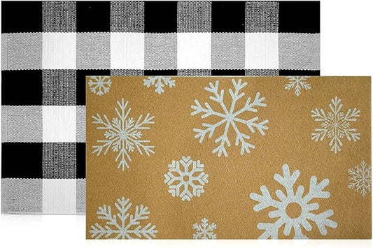 2 Pcs Christmas Welcome Doormats 30 x 17 Inch Winter Snowflakes Coir Door Mats for Front Doors Nonslip 2-in-1 Seasonal Buffalo Plaid Rug for Christmas Holiday Outside Entrance Porch Home Decor