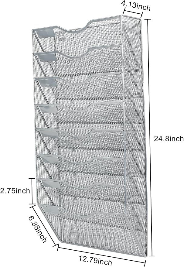 PAG Hanging Wall File Holder Organizer Mail Sorter Literature Rack for Office, 8 Pockets, Silver