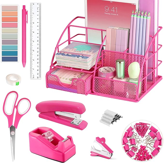 Hot Pink Office Desk Accessories Supplies, 12pcs Desk Organizers and Accessories with Tape dispenser,Stapler,Staples,Staple Remover,Pen Holder,Scissor,Ruler,Sticky Tabs,Tape,Ballpoint Pen,Clips Set