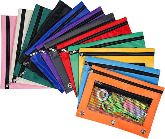 12PCS Pencil Pouches for 3 Ring Binder, 10"x7.5" Zippered Binder Pouch, Double Layer Clear PVC & Mesh Pencil Bags, 12 Colors (2 Each) for School, Office, Travel & Home Organization