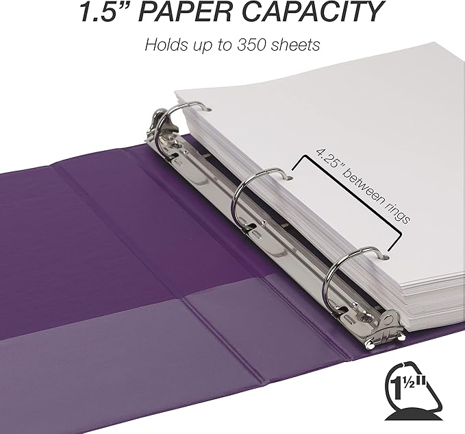 Samsill Durable 1.5 inch 3 Ring Binder, Made in USA, D Ring Binder, FSC 100% Recycled Chipboard, Purple, 4 Pack