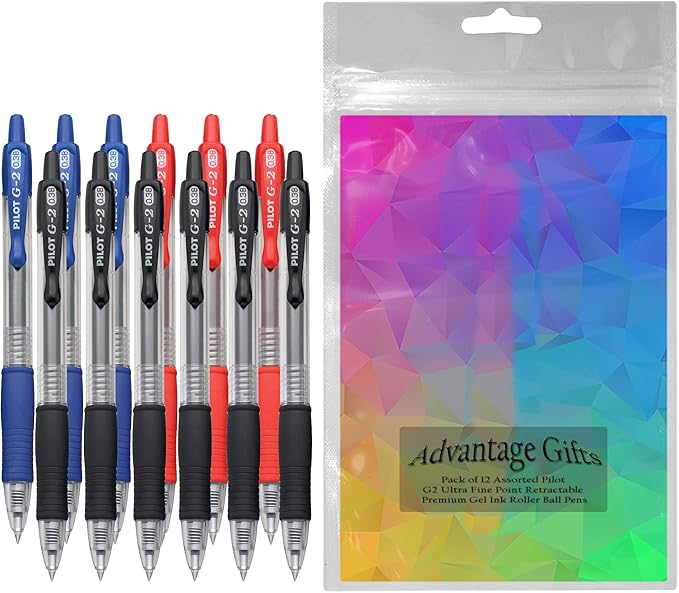 G2 Retractable Premium Gel Ink Roller Ball Pens Ultra Fine Point (.38mm) Black/Blue/Red Ink 12 pack; Refillable & Premium Comfort Grip Bundle with Plastic Reusable Pouch