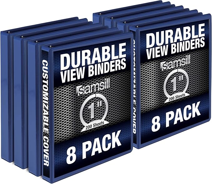 Samsill Durable 1 Inch Binder, Made in The USA, Round Ring Customizable Clear View Binder, Blue, 8 Pack (MP88432)