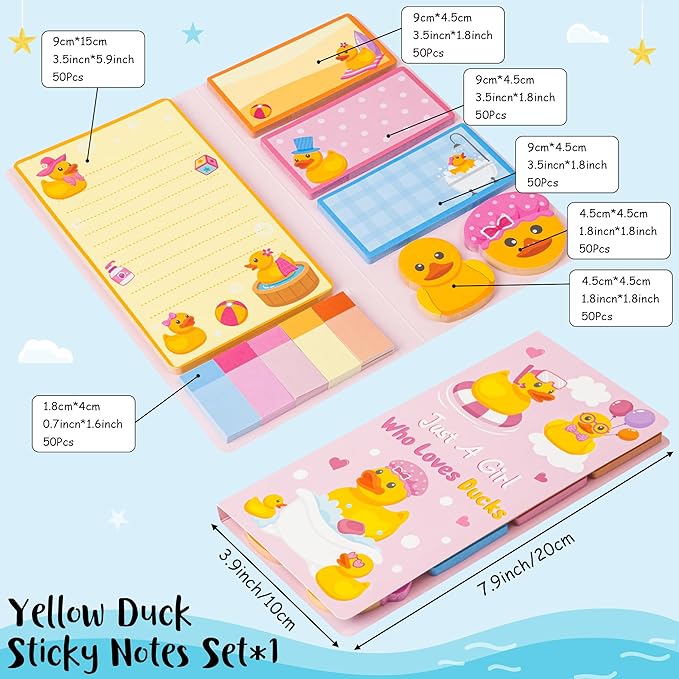 Xqumoi Duck Lovers Sticky Notes Set - Just A Girl Who Loves Ducks Self-Stick Note Pads Cartoon Animal Duckie Writing Memo Pad Page Marker Bookmarker Back to School Office Party Favors Supplies
