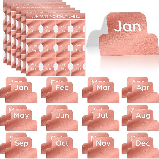 72 Pieces Adhesive Monthly Planner Tabs Monthly Index Stickers Decorative Label Calendar Stickers for Office Study Planner Journal Notebook Back to School Accessories(Rose Gold)