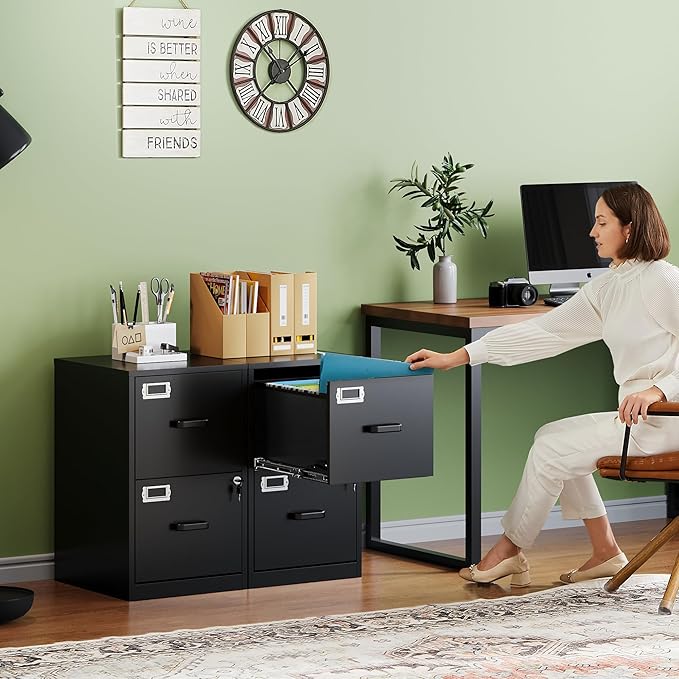 Letaya 2 Drawer File Cabinet with Lock,Metal Office Small Filing Cabinets for Home Office,Storage Letter,Black-Easy Assemble