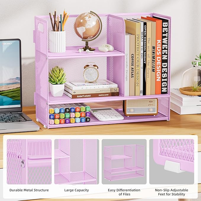 Marbrasse 3-Tier Desk Shelf Organizer with Handle, Desktop Bookshelf File Holder, Mesh Display Shelf Organizer Storage Rack for Office, Home, Supplies, Kitchen (Purple)