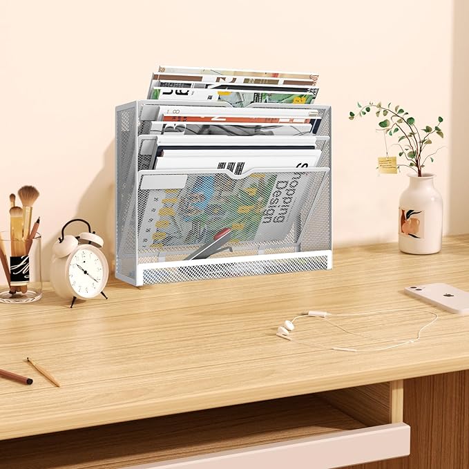 4 Tier Magnetic File Holder, Large Capacity Mesh Hanging Wall Organizer Vertical Magnetic Hanging File Organizer, Magnetic File Folder Holder for File Cabinets, Office, Whiteboard (White)