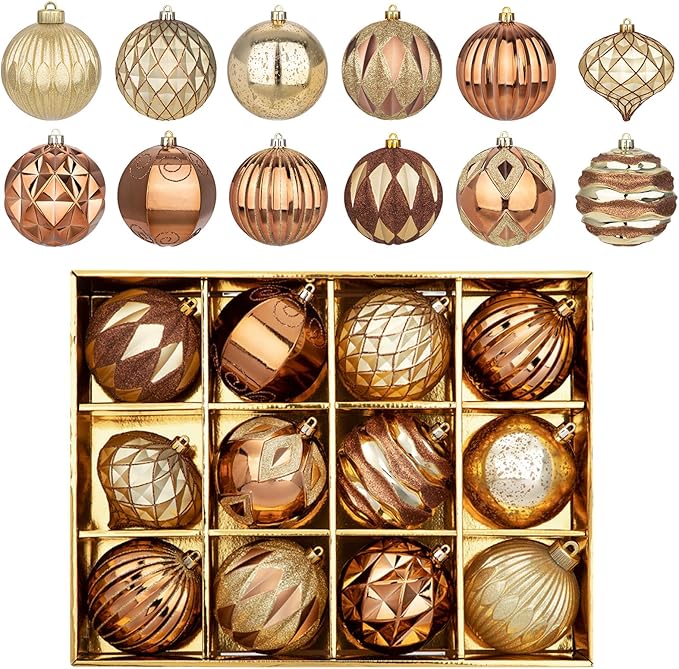 Hollyone 4 Inch Bronze Christmas Ornaments 12Pcs Brown Christmas Tree Ornaments Balls Colored Shatterproof Christmas Ornaments for Xmas Tree Decor Holiday Party Wreath Home Decor (Bronze, 100mm)