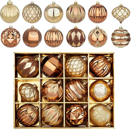 Hollyone 4 Inch Bronze Christmas Ornaments 12Pcs Brown Christmas Tree Ornaments Balls Colored Shatterproof Christmas Ornaments for Xmas Tree Decor Holiday Party Wreath Home Decor (Bronze, 100mm)