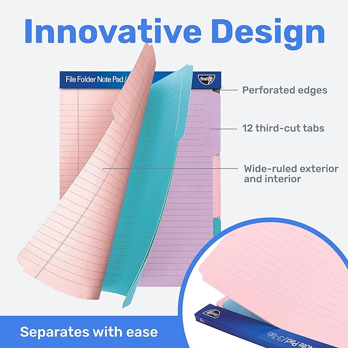 Find It File Folder Notepad - Pack of 12-9.5 x 12.5 Inch Notebook Organizer Folders for Filing, Document, and Clipboard Organization - Pastel