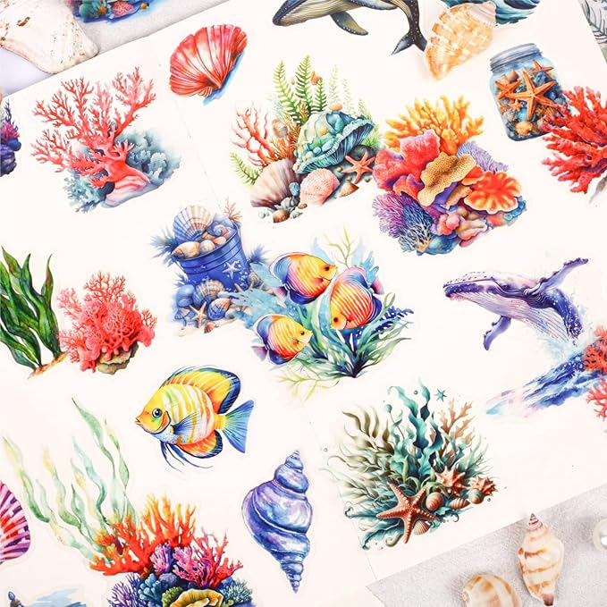 90 Pieces Ocean World Themed PET Sticker, Jellyfish Turtles Whales Dolphins Seahorses Sticker for Scrapbook DIY Crafts Planner Water Bottles Laptops