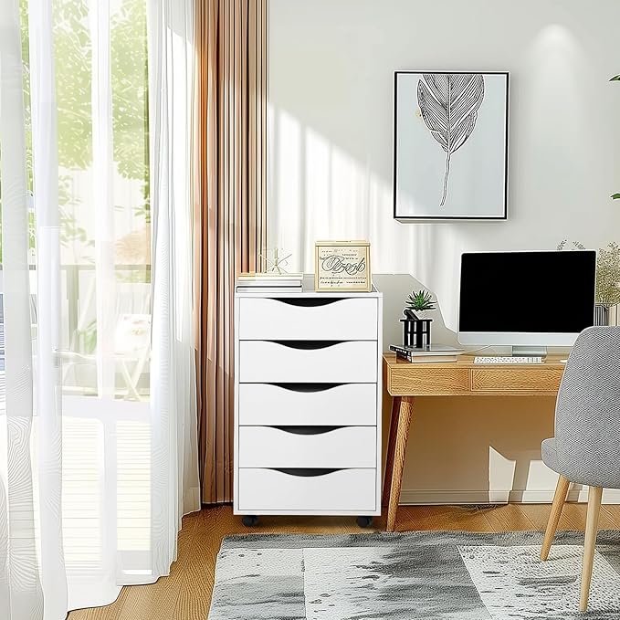 QDSSDECO 5 Drawer Chest Wood File Cabinet Rolling Storage Dresser with Wheels for Home Office, White