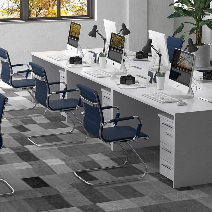 Office Desk Chair Set of 8,No Wheels PU Leather Computer Chairs Mid Back Guest Chairs with Seld Base for School/Reception/Conference/Waiting Room,Navy Blue