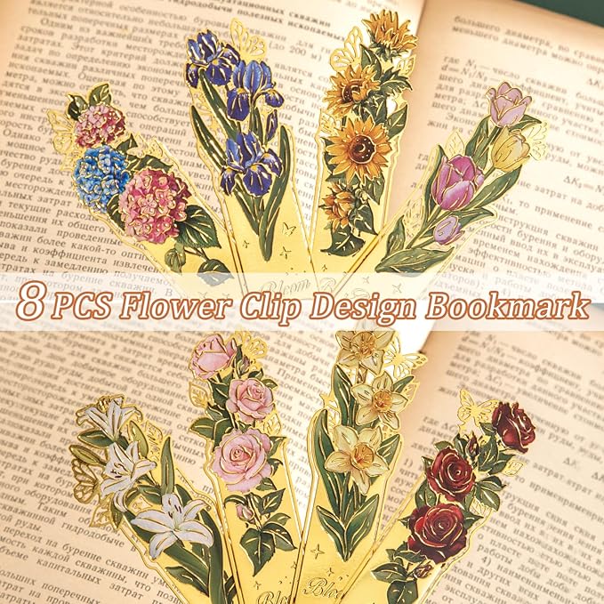 8 Pieces Metal Clip Bookmarks, Golden Hollow Floral Bookmark Monet Oil Painting Theme Book Mark Birthday Funny Art Gifts for Women Book Lovers Writers Readers Children Teens Men