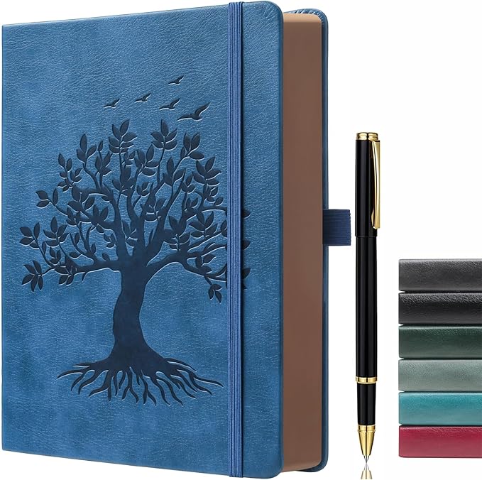 ZXHQ A5 360 Pages Lined Journaling Notebooks with Pen, Journals for Women Men Writing Notebook, Tree of Life Design, Brown Edge Fine Inner Pocket - Blue