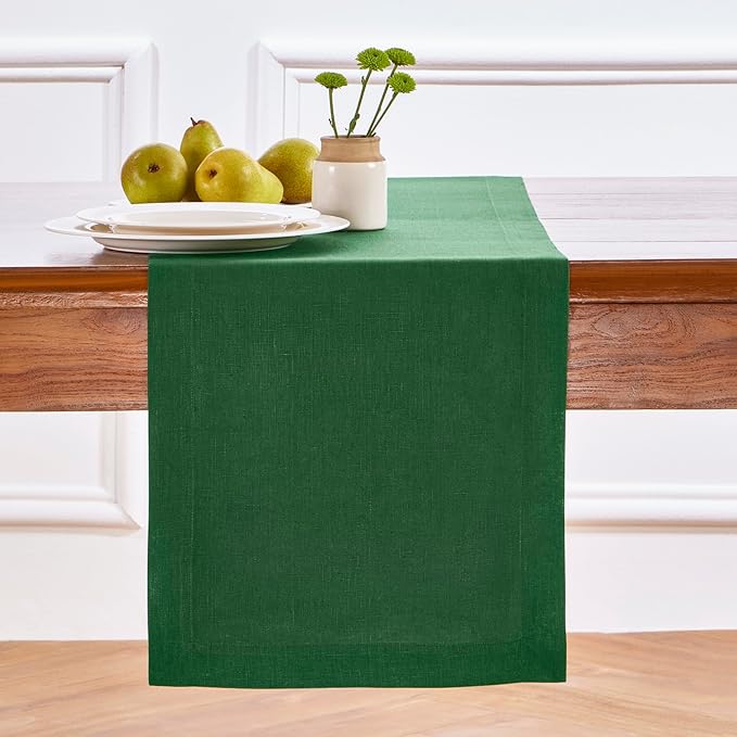 Solino Home Linen Table Runner 72 Inches Long - 100% Pure Linen Pine Green Dining Table Runner 14 x 72 Inch for Fall, Autumn, Thanksgiving, Christmas - Fete