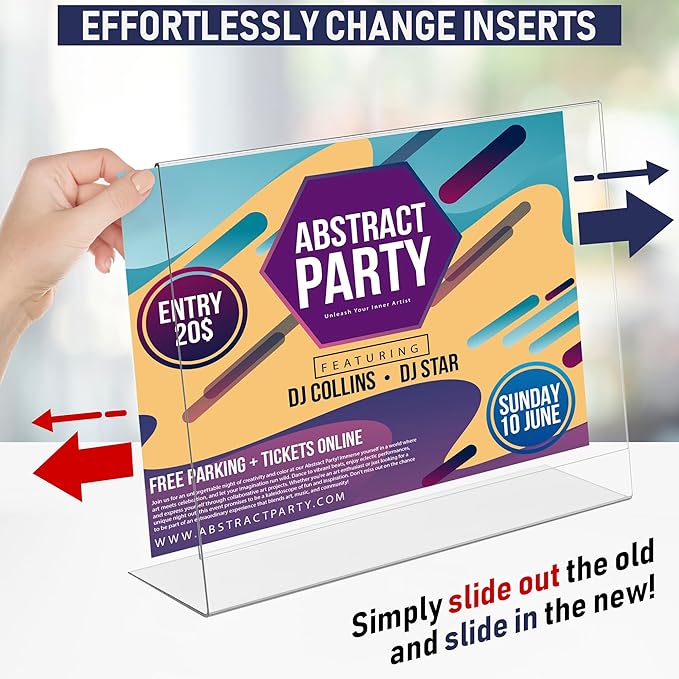 Slant Back Acrylic Sign Holder 11 x 8.5 Inches, 3-Pack Landscape Ad Frame, Flyer Display Stand. Menu and Table Sign Holder for Home, Office, Store, or Restaurant. Acrylic Stands for Paper and Signage