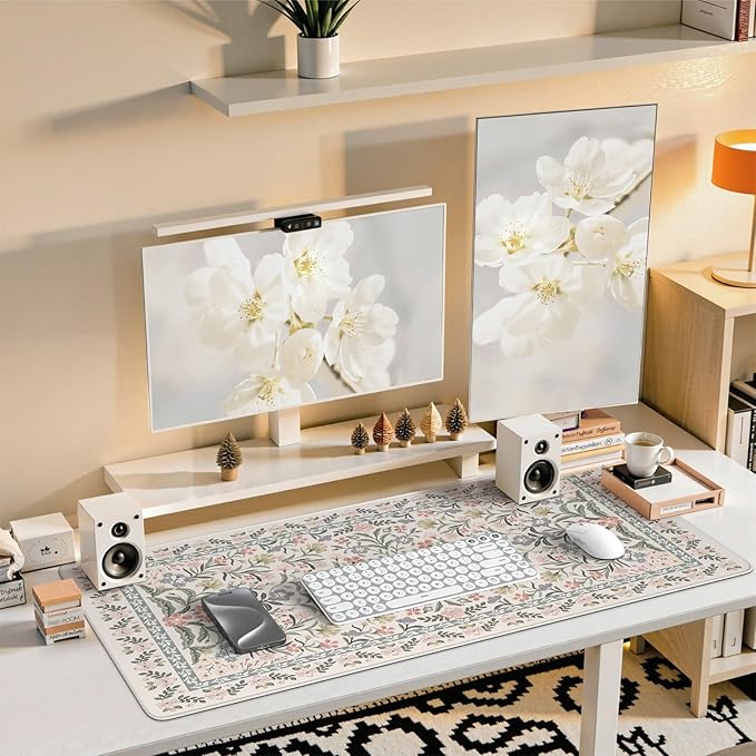 iCasso Desk Matt for Desktop, Cute Desk Pad Mat, XXL Large Mouse Pad, Anti-Slip Big Mousepad with Stitched Edges, Keyboard Pad for Computer(Gray Floral)