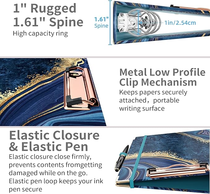 Ospelelf Mini 3-Ring Binder, 1 Inch, Cute Blue Marble Binder for 5.5" x 8.5", with 5 Tab Dividers, File Folder Labels and Low-Profile Clipboards, School and Office Supplies