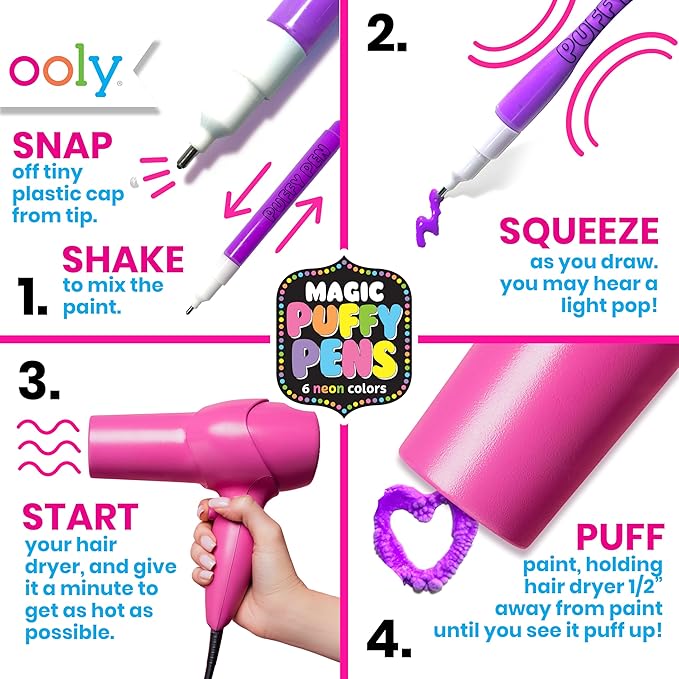 Ooly Puffy Paint Neon Gel Pens Set of 6 & Sketchbook Bundle, 3D Foam Texture Painting Magic Puffy Pen, Creative and Fun Pens for Kids Arts and Crafts Drawing Supplies