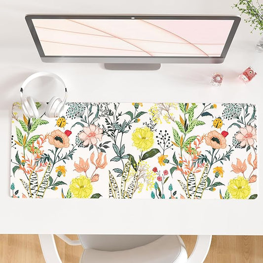 QIYI Floral Large Mouse Pad, Colorful Desk Mat for Desktop, Women Girls Desk Accessories Office Décor, PU Leather Waterproof Big Gaming Mousepad, Blooming Flowers Desk Pad Computer Mat, 31.5" x 11.8"