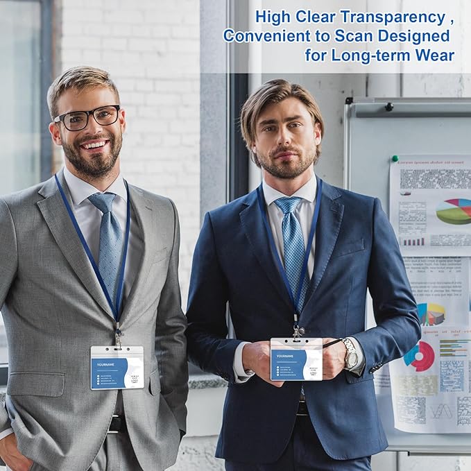 100 Pack Lanyards for ID Badges with Clear Name Tags, Reusable Lanyards Horizontal ID Card Badge Holders Plastic Name Badges for Men Women Kids Business School and Office Supplies (Dark Blue)