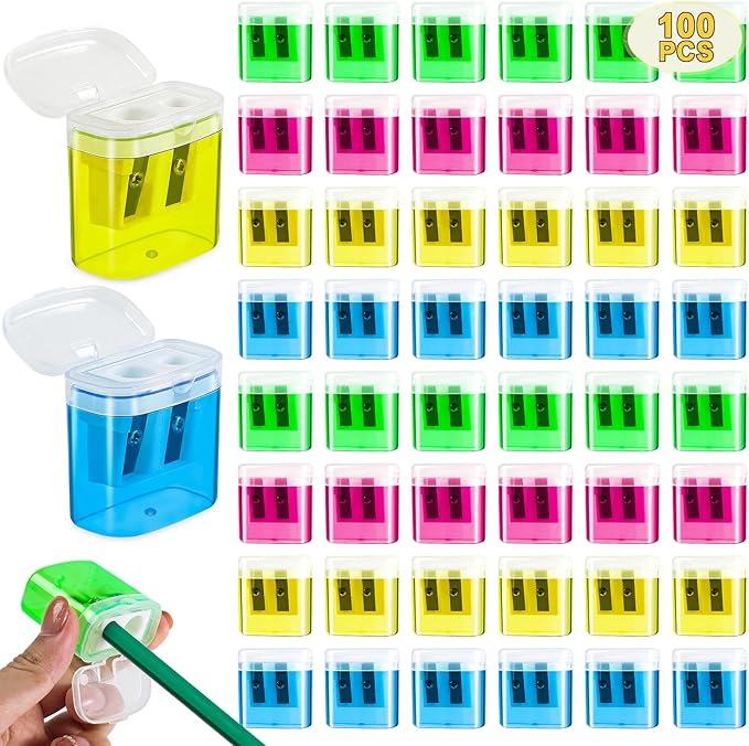100 Piece Pencil Sharpeners Bulk, Manual Dual Holes Pencil Sharpeners for Kids, 4 Colorful Handheld Sharpeners with Lid Portable Compact for School Supplies Classroom Office Students Home