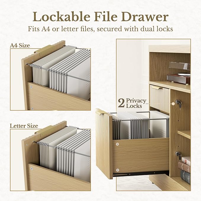 2 Drawer Fluted File Cabinet, 32'' Lateral File Cabinet with Lock and AC/USB for Legal/Letter/A4/F4 Size, Wood Filing Cabinet with Storage Shelves for Home Office, Light Walnut