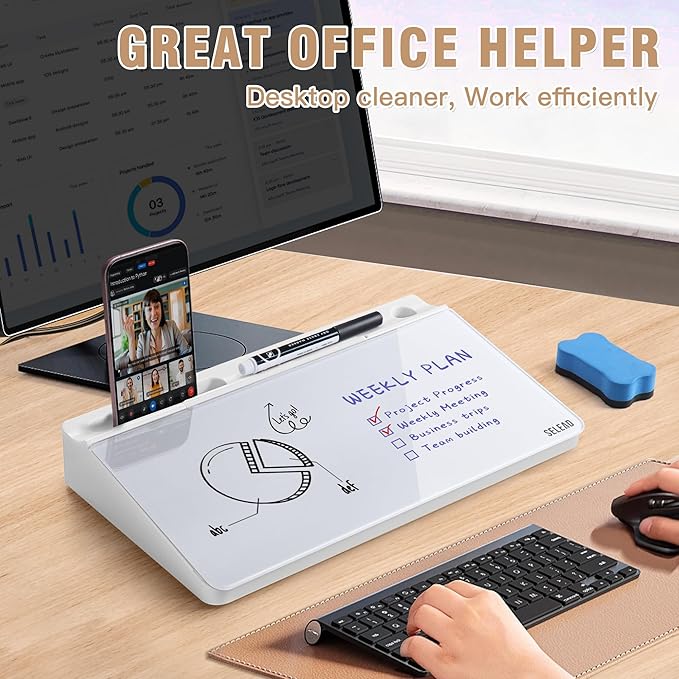 SELEAD Desktop Glass Whiteboard with Storage, Small Dry Erase White Board Computer Pad Keyboard Stand for Home, School, Office Desk Accessories - White