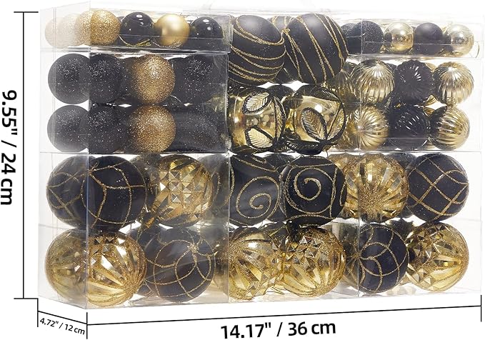 100Pcs Elegant Christmas Balls Set Christmas Tree Ornaments with Glitter and Patterns Bulk Ornaments for Tree as Festive Christmas Decor Xmas Ball Set Black Gold