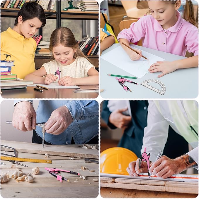 EBOOT Student Geometry Math Set, Drawing Compass and 6 Inch Clear Swing Arm Protractors 180 Degree Math Protractor(Pink)