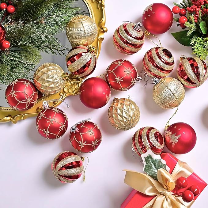 Christmas Tree Ball Ornaments 20ct Set, 2.36 Inch Red Gold Classic Christmas Decorations, Shatterproof Hanging Ornaments for Xmas Holiday Decoration
