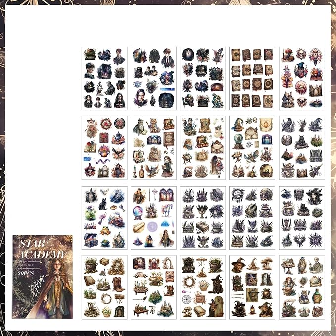 TIAMECH Star Academy Magic Sticker Book - 20 Sheets PET & Washi Stickers for Scrapbooking, Ephemera, Waterproof Junk Journaling Supplies & DIY Crafts (Size 10.5 x 7.1in)