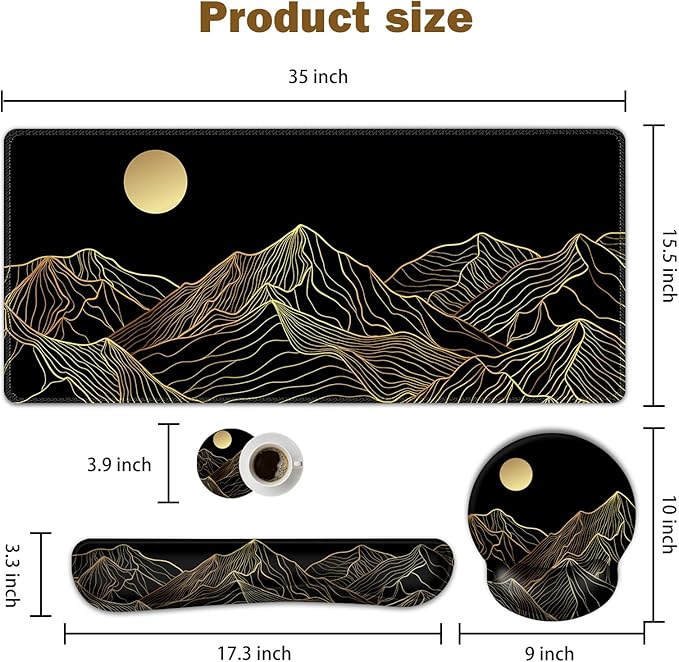 ARTSO Large Mouse Pad Keyboard Wrist Rest Combo, Ergonomic Mouse Pad with Wrist Support, Extended Non-Slip Desk Mat Protector, 4-in-1Set Desk Blotter for Office Home, Golden Sun Mountain